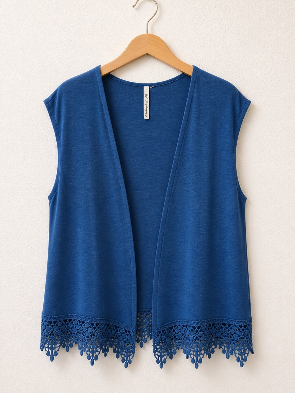 NY Collective Boho Cobalt Crochet Hem Open Front Sleeveless Cardigan Flowy Vest